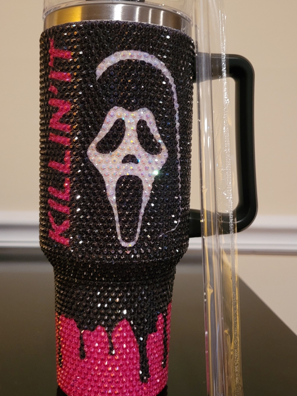 Custom Black and Pink Rhinestone Scream Tumbler - Home Party Supplies